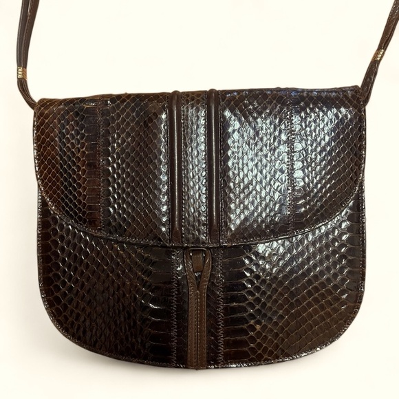 Vintage 70s La Belle snakeskin brown flap closure with split leather strap - Picture 1 of 13